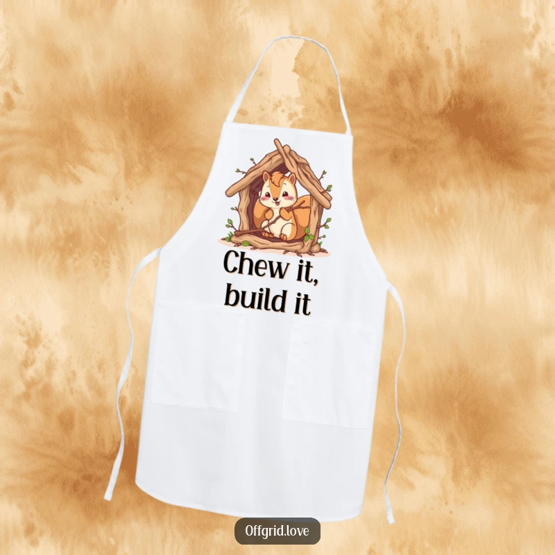 Funny squirrel character busy building a rustic shelter, a humorous and practical apron for cooking.