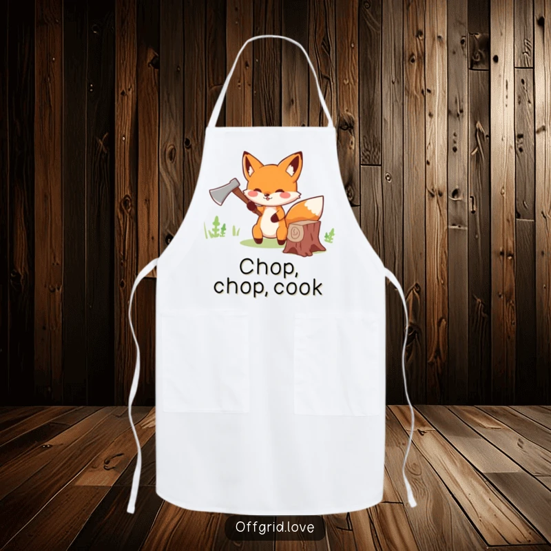 Funny Fox Apron: Cute fox cheerfully chopping wood with a tiny axe, a funny and practical kitchen accessory.