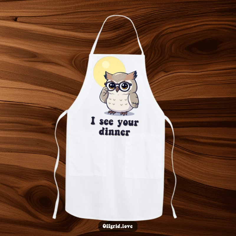 Funny apron with a determined owl polishing its glasses under moonlight, perfect for a meticulous and humorous cook.