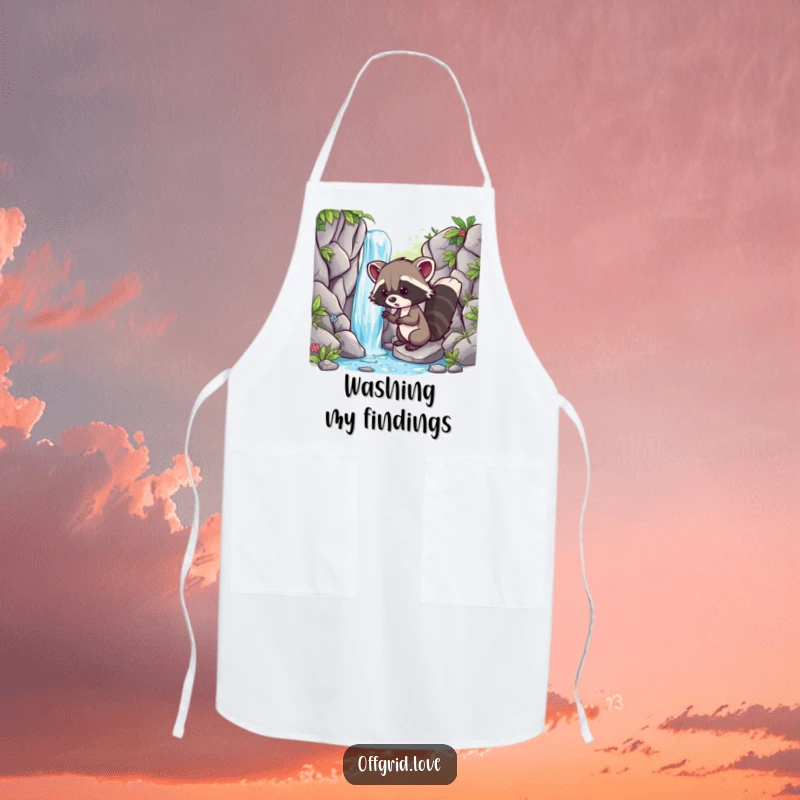 Funny apron with a playful racoon discovering a hidden waterfall, perfect for adding adventure and humor to cooking.