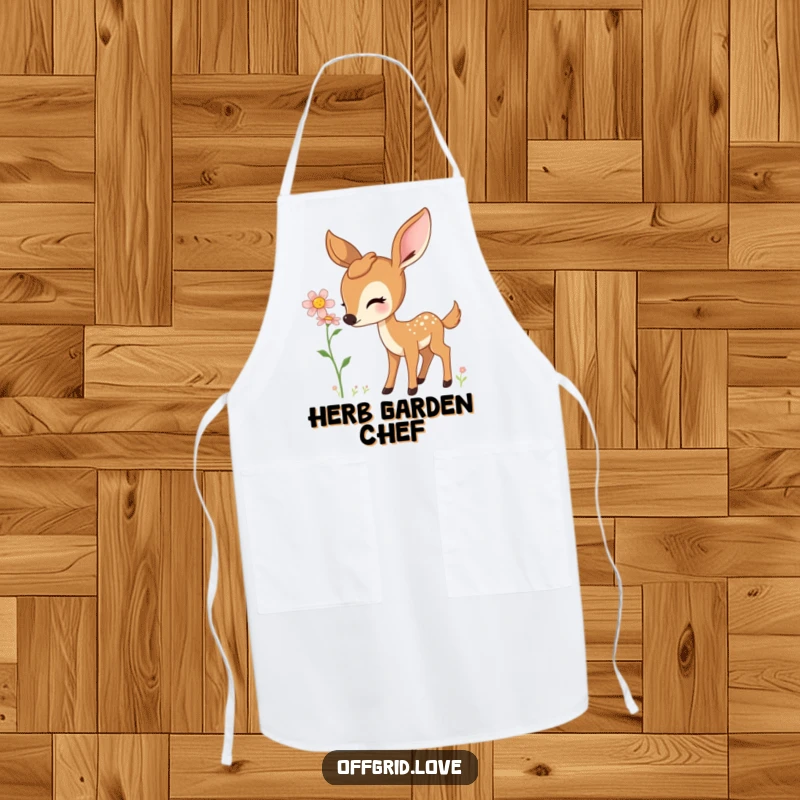 Kitchen apron adorned with a gentle deer curiously sniffing a colorful wildflower.