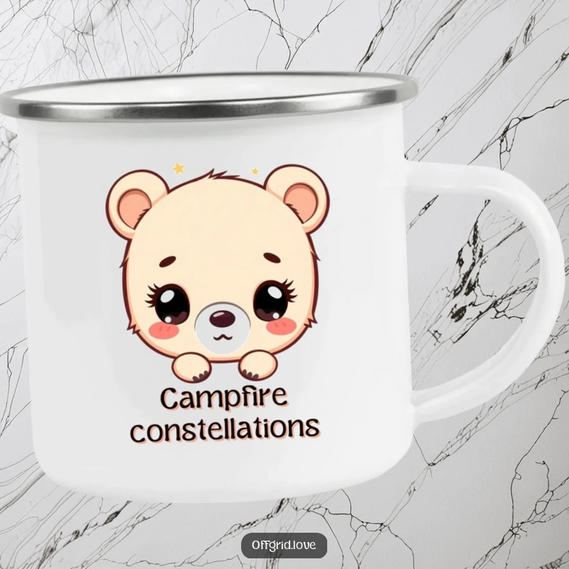 Funny bear cub character stargazing with wide eyes, a humorous camping mug for outdoor lovers.