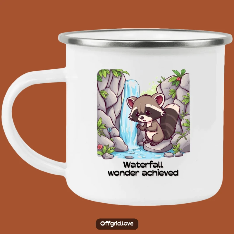 Funny Racoon Waterfall Camping Mug: Adventure Outdoor Cup, Perfect Humorous Gift