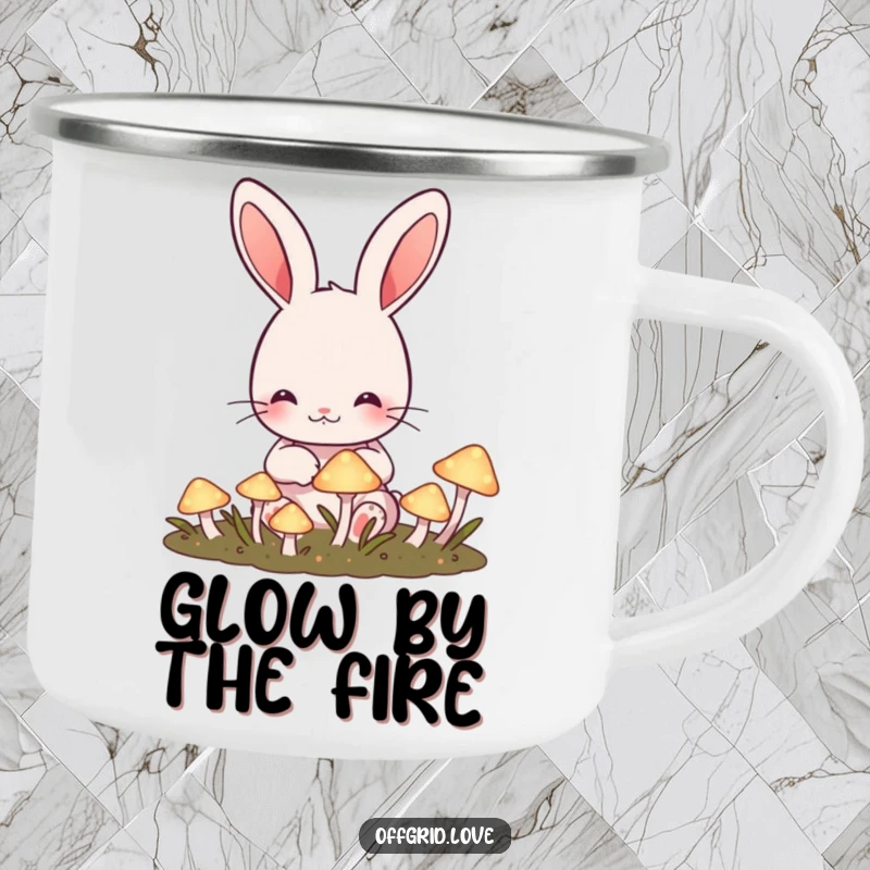 Funny Rabbit Camping Mug: Cute rabbit tending a garden of glowing mushrooms, perfect for funny magical sips.