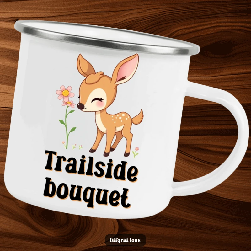 Sturdy camping mug featuring a curious deer sniffing a beautiful wildflower.