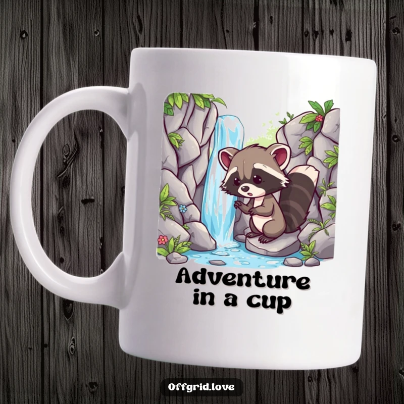 Funny mug featuring a playful racoon character excitedly discovering a hidden, sparkling waterfall in a lush forest.