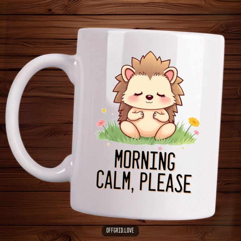 Funny mug featuring a peaceful hedgehog character meditating serenely in a lush, tranquil meadow, radiating calm.