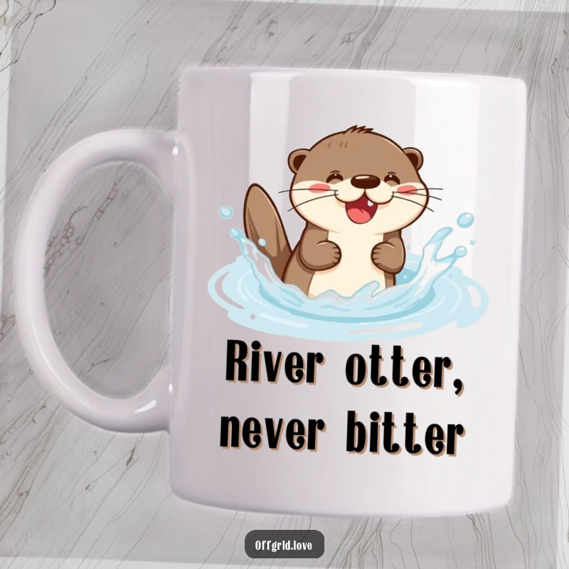 Funny mug featuring a cute otter character gleefully splashing water in a vibrant, clear stream, radiating pure happiness.