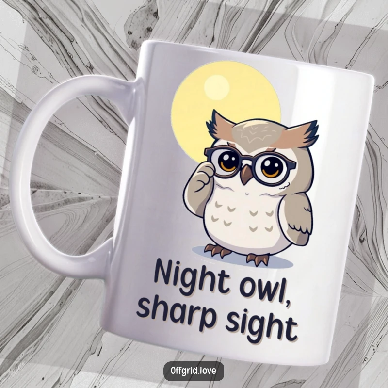 Funny mug featuring a determined owl character meticulously polishing its spectacles under a bright, enchanting moonlight.