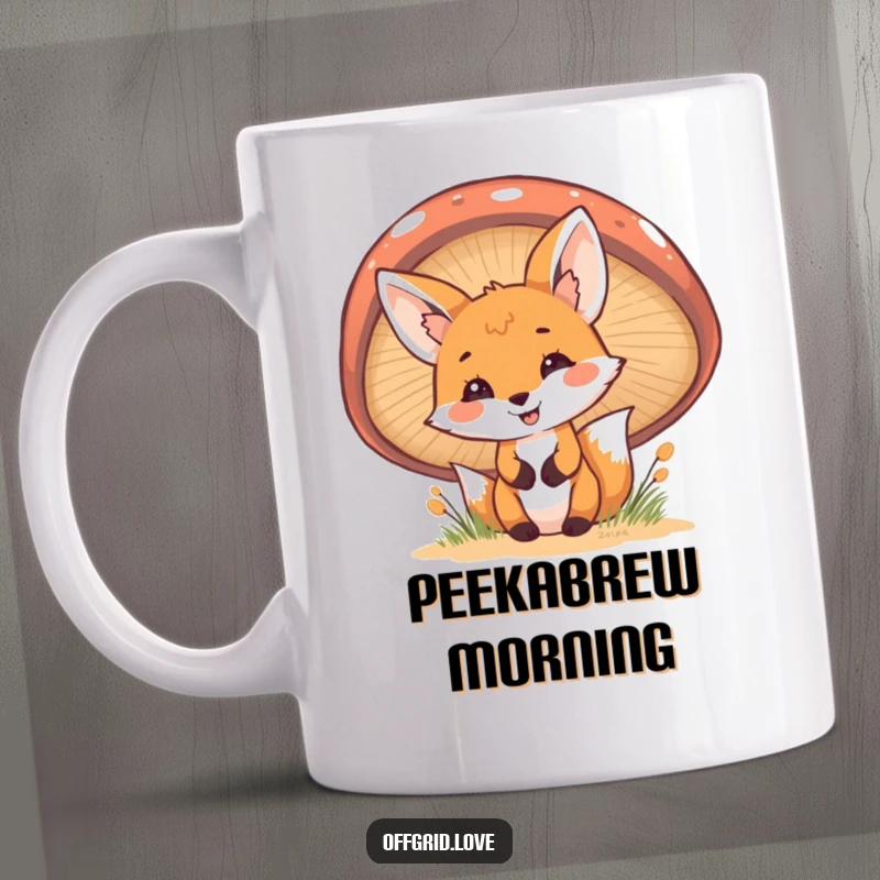 Funny Fox Mug: A cheerful fox peeks playfully from behind a large, whimsical mushroom, creating a delightful and humorous scene.