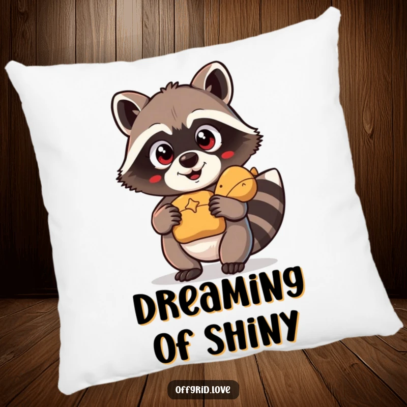 Funny Pillow: A cute raccoon with wide eyes holds a found treasure, ideal for comfort.