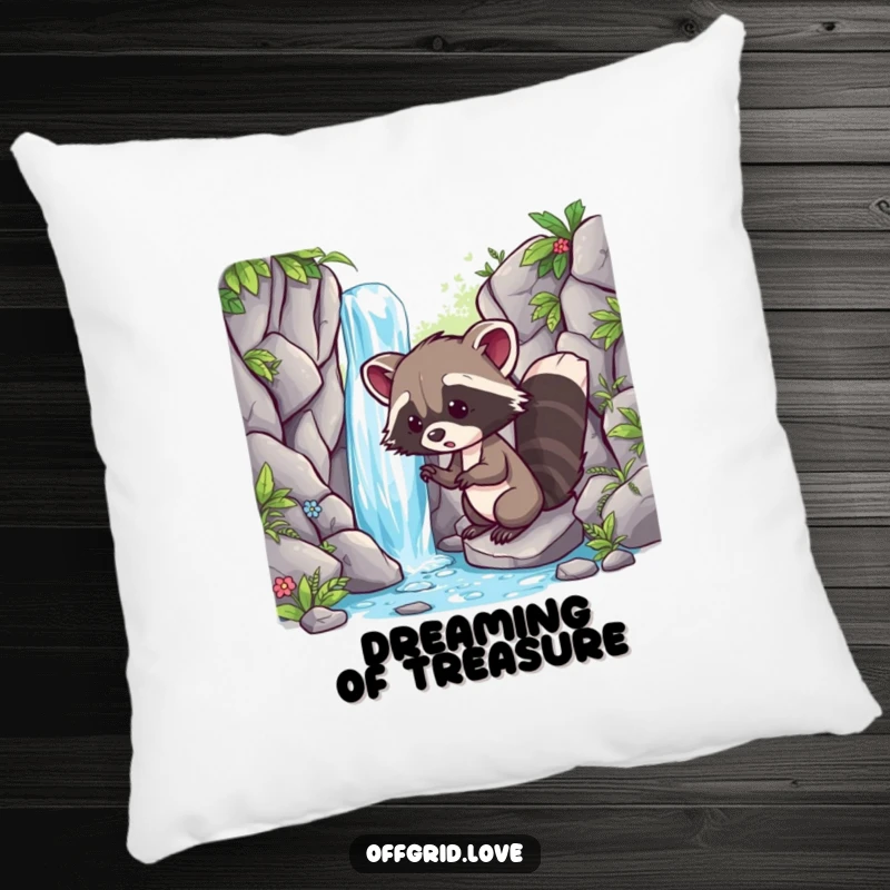Funny pillow featuring a curious racoon discovering a waterfall, perfect for adding a touch of adventure and humor to any relaxation space.