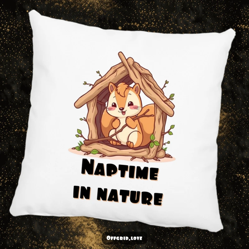 Funny squirrel character constructing a twig shelter, a cute and humorous throw pillow.