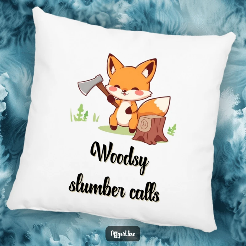 Funny Fox Pillow: Cute fox chopping wood with a tiny axe, a soft and funny decorative item.