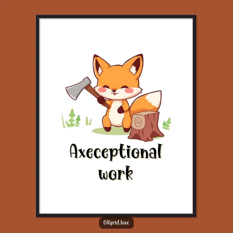 Funny Fox Wood Chopping Digital Print: Woodland Art, Instant Funny Gift Download
