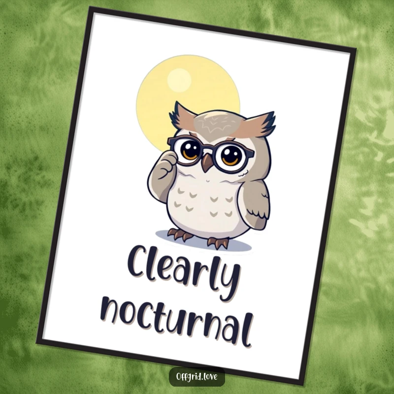 Funny digital art print of a determined owl polishing its glasses under moonlight, symbolizing wisdom and cleverness.