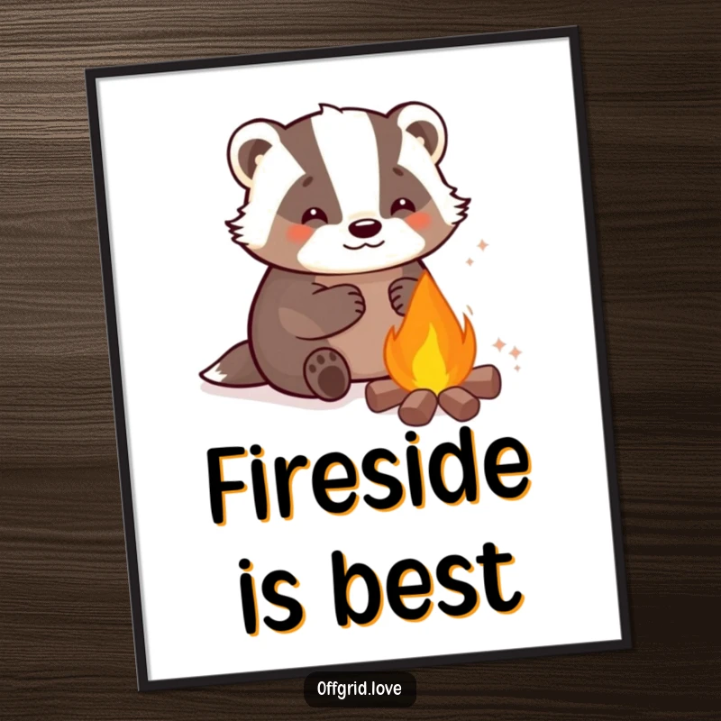 Funny digital art print of a content badger character warming by a campfire, evoking feelings of peace and humor.