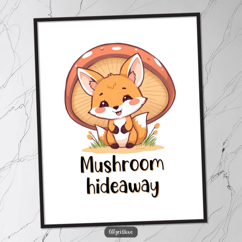 Funny Fox Digital Art Print: A cheerful fox peeks from behind a mushroom, ideal for humorous digital or printed woodland decor.