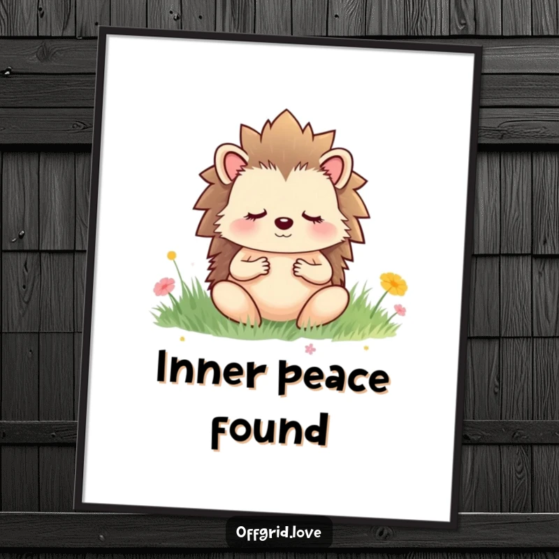 Funny digital art print of a hedgehog meditating peacefully in a serene meadow, evoking calm and quiet humor.