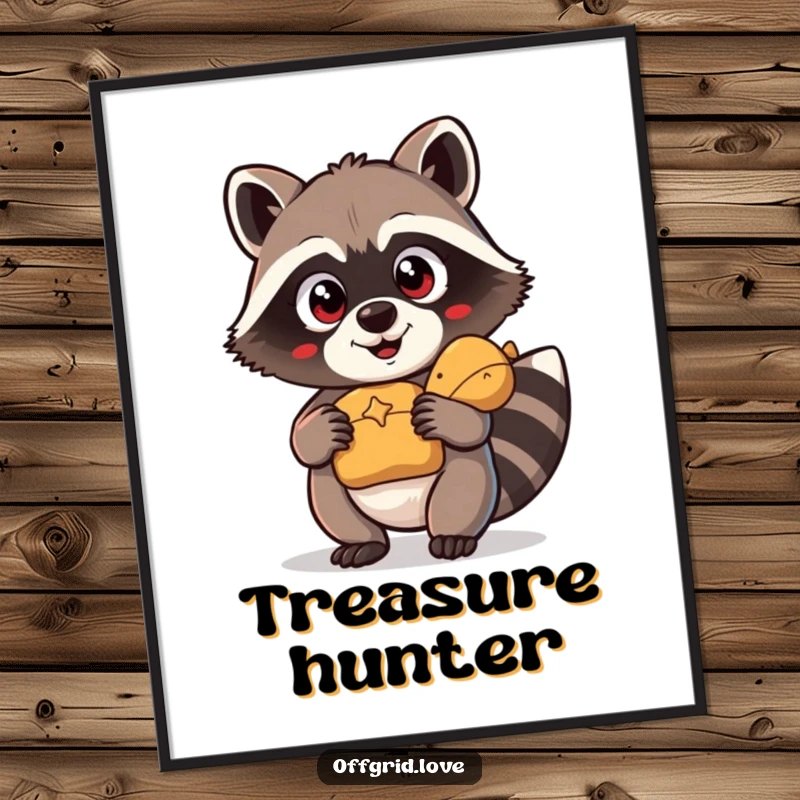 Funny Digital Art Print: A wide-eyed raccoon joyfully clutches a found shiny treasure.