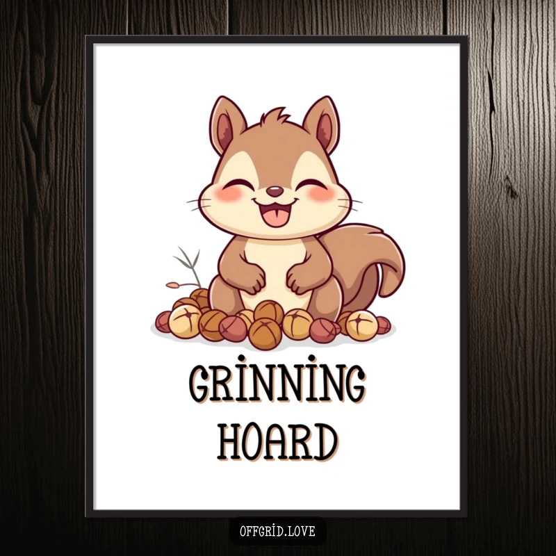 Funny Squirrel Digital Art Print: A happy squirrel with a wide grin collects nuts, ideal for humorous digital or printed decor.