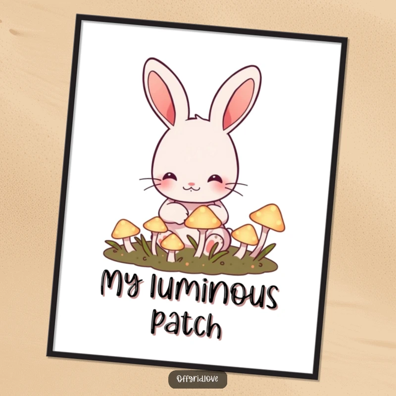 Funny Rabbit Digital Art Print: Cute rabbit tending a garden of glowing mushrooms, offering instant funny magic.