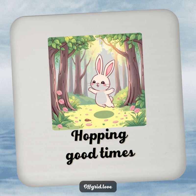 Funny Rabbit Coaster: A playful rabbit hops joyfully through a sun-dappled forest, offering humorous protection for your tables.
