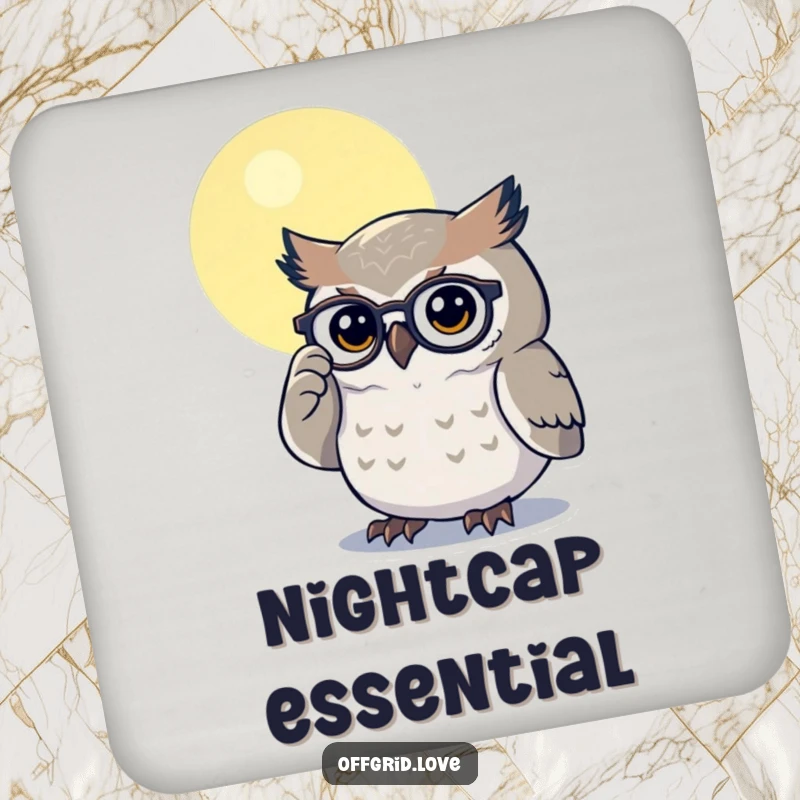 Funny drink coaster featuring a determined owl polishing spectacles under moonlight, adding a wise touch to any table.