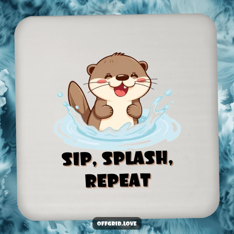 Funny drink coaster depicting a gleeful otter character joyfully splashing in a clear stream, adding humor to any table setting.