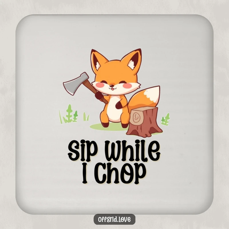 Funny Fox Coaster: Cute fox cheerfully chopping wood with a tiny axe, a protective and funny gift.