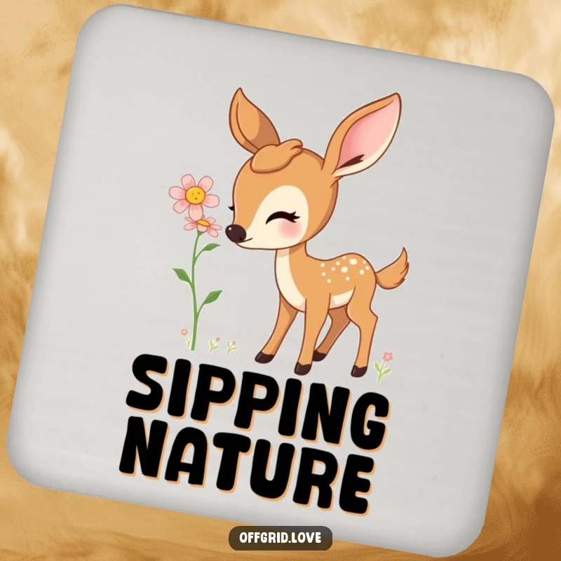Elegant coaster showing a curious deer gently sniffing a blooming wildflower.