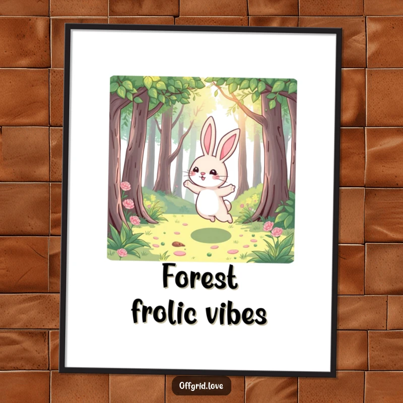 Funny Rabbit Poster: A playful rabbit hops joyfully through a sun-dappled forest, creating a vibrant and humorous nature-themed artwork.