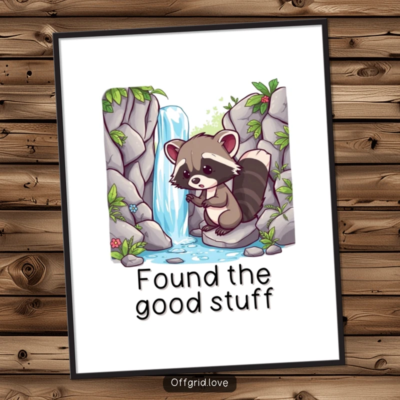 Funny poster depicting a playful racoon discovering a secret waterfall, capturing a moment of joyful exploration and wonder.