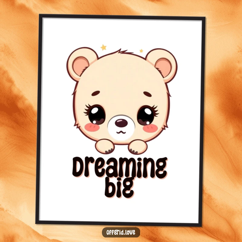 Funny bear cub looking up at a starry night sky with wonder, humorous celestial art poster.