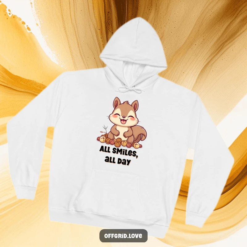 Funny Squirrel Hoodie: A happy squirrel with a wide grin gathers nuts, offering cozy warmth and a humorous dose of autumn cheer.