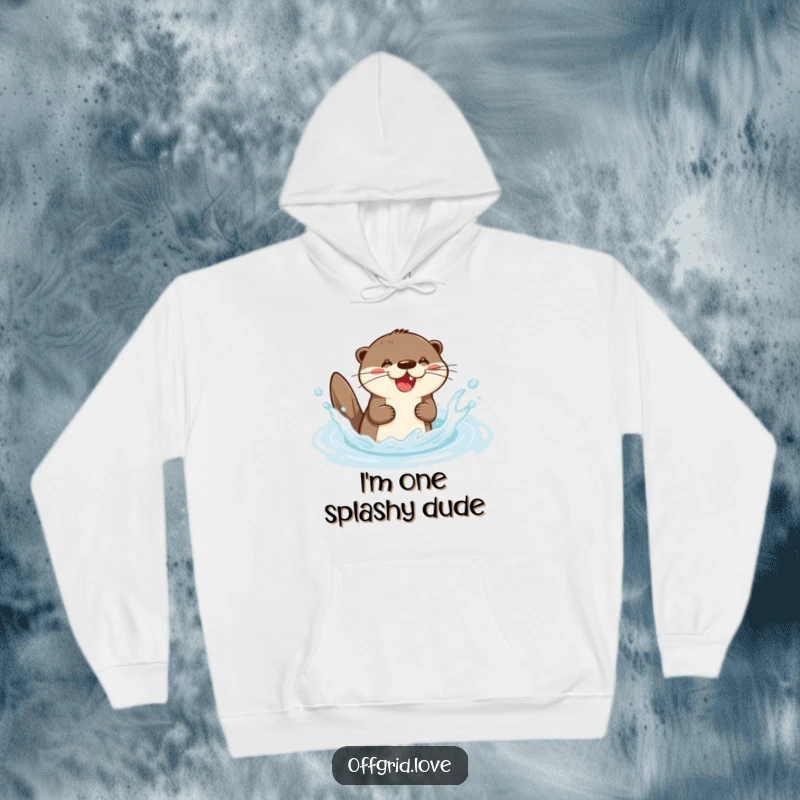 Funny hoodie with a happy otter character energetically splashing in a pristine, flowing stream, embodying pure, bubbly fun.