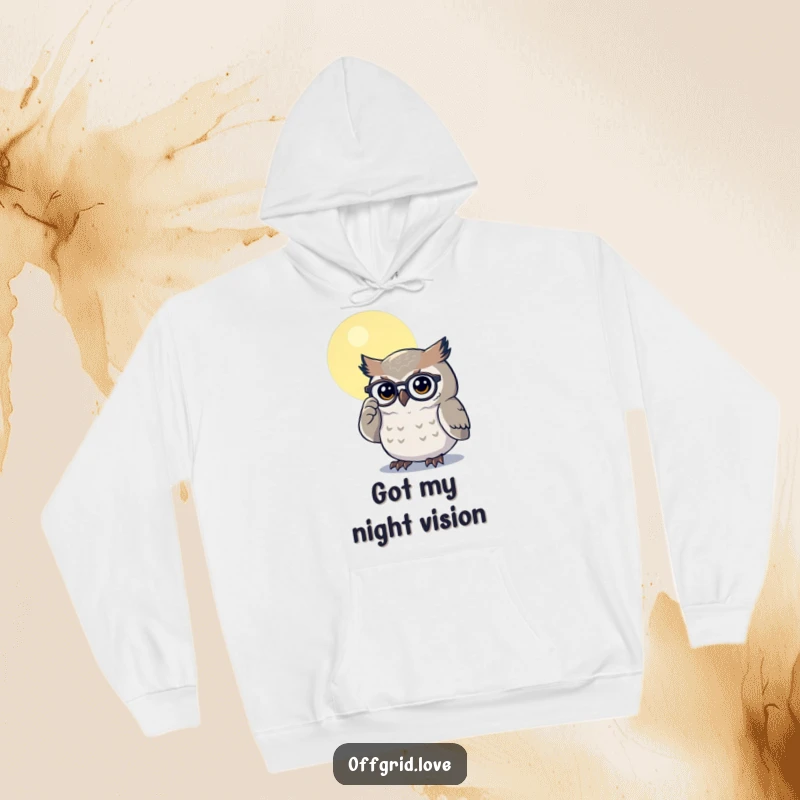 Funny hoodie featuring a determined owl cleaning its eyeglasses in the moonlight, symbolizing clarity and sharp wit.