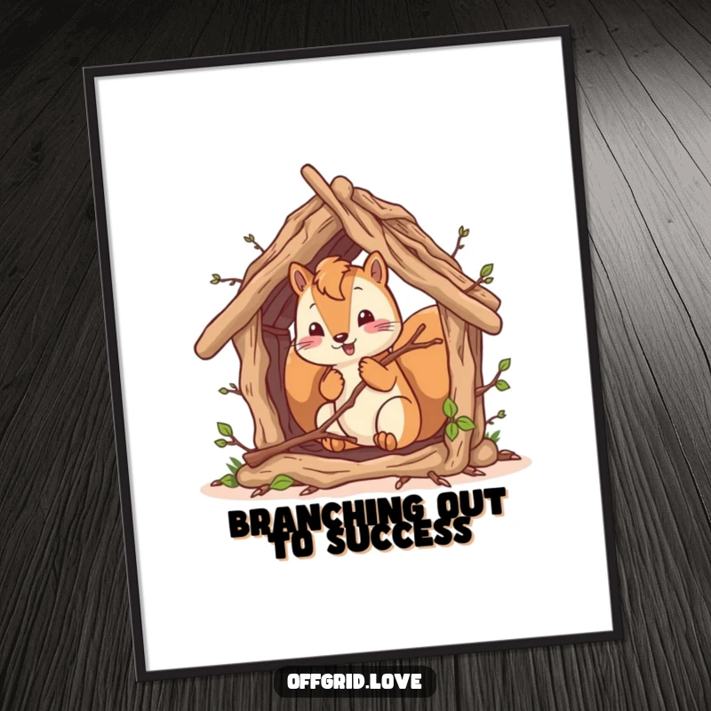 Funny Free Printable Wall Art: A determined squirrel building a rustic shelter from twigs, radiating DIY spirit. Woodland humor.
