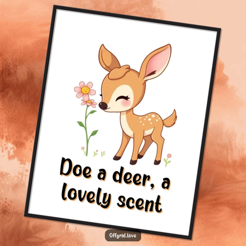 Serene Free Printable Wall Art: Curious deer gently sniffs a vibrant wildflower, a peaceful downloadable nature scene.