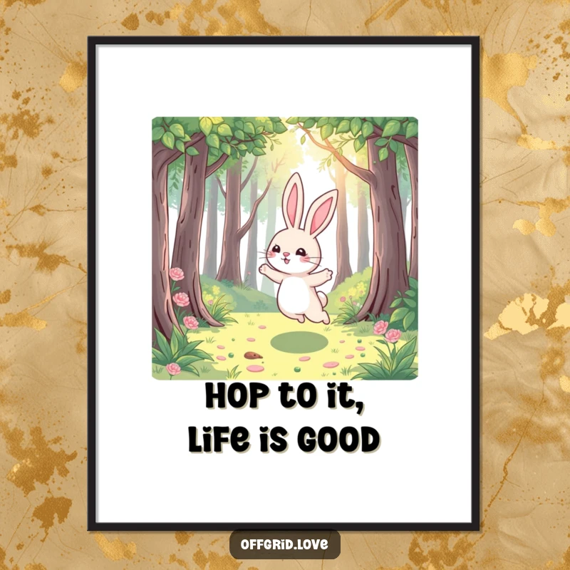 Funny Free Printable Wall Art depicting a playful rabbit joyfully hopping through a beautiful sun-dappled forest, full of life.