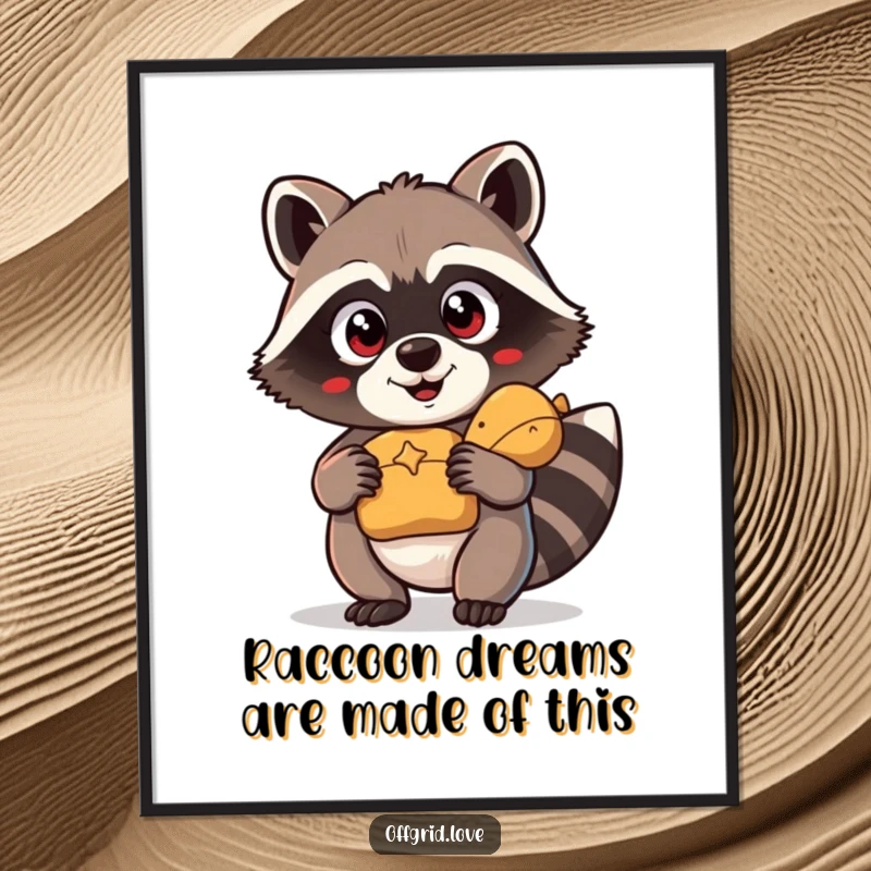 Funny Free Printable Wall Art: Comical raccoon with wide eyes clutches a shiny treasure, a humorous downloadable art piece.