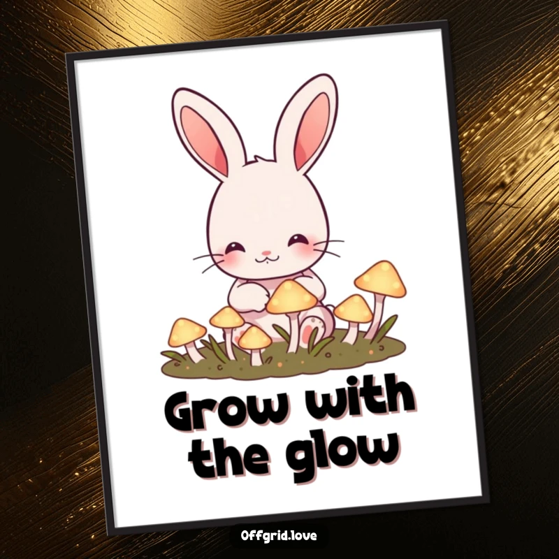 Funny Free Printable Wall Art: Cute rabbit happily tending a garden of glowing mushrooms, creating a magical scene.