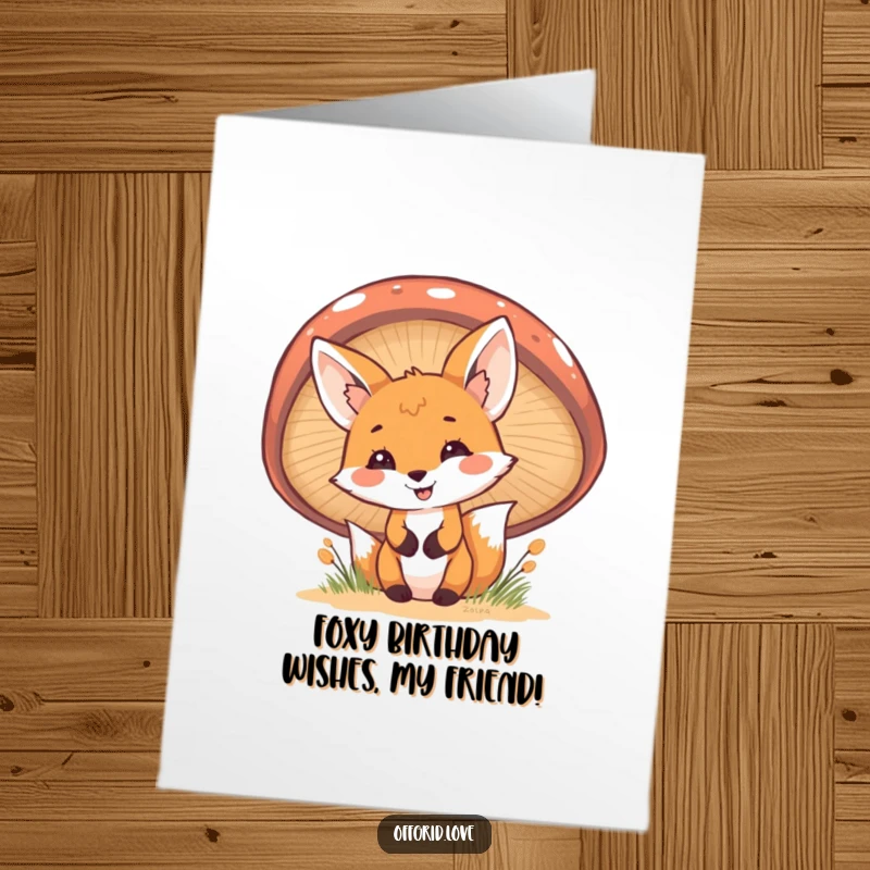 Funny Free Printable Birthday Card: A cheerful fox peeking curiously from behind a large, colorful mushroom.