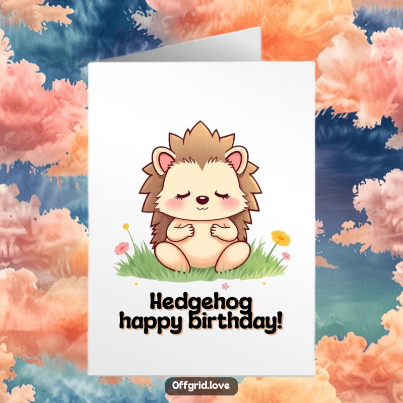 Funny Free Printable Birthday Card: Peaceful hedgehog meditating in a serene meadow, perfect for a calm DIY birthday wish.