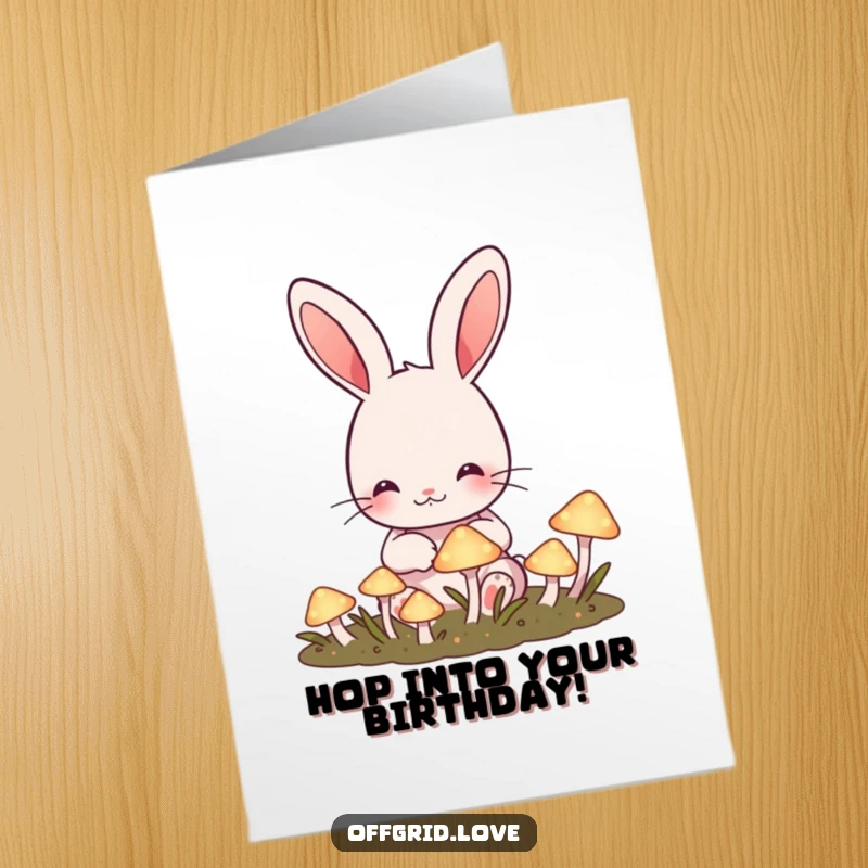 Funny Free Printable Birthday Card: Cute rabbit happily tending a garden of glowing mushrooms, spreading birthday magic.