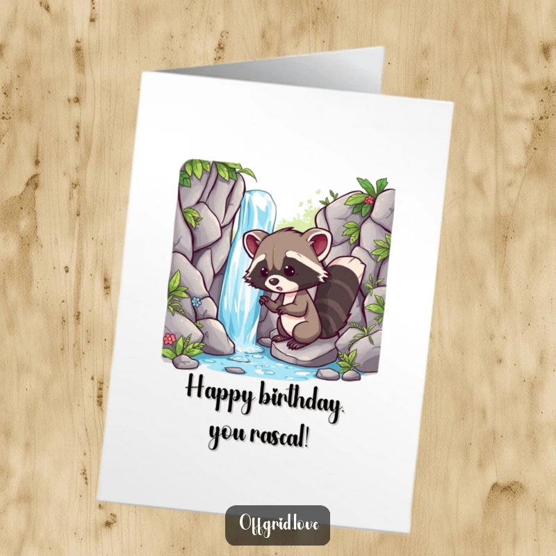 Funny Free Printable Birthday Card: Playful raccoon discovering a hidden waterfall, perfect for an adventurous DIY birthday wish.