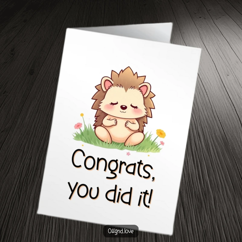 Funny Free Printable Congratulations Card: Peaceful hedgehog meditating in a serene meadow, a calm and humorous way to say congrats.