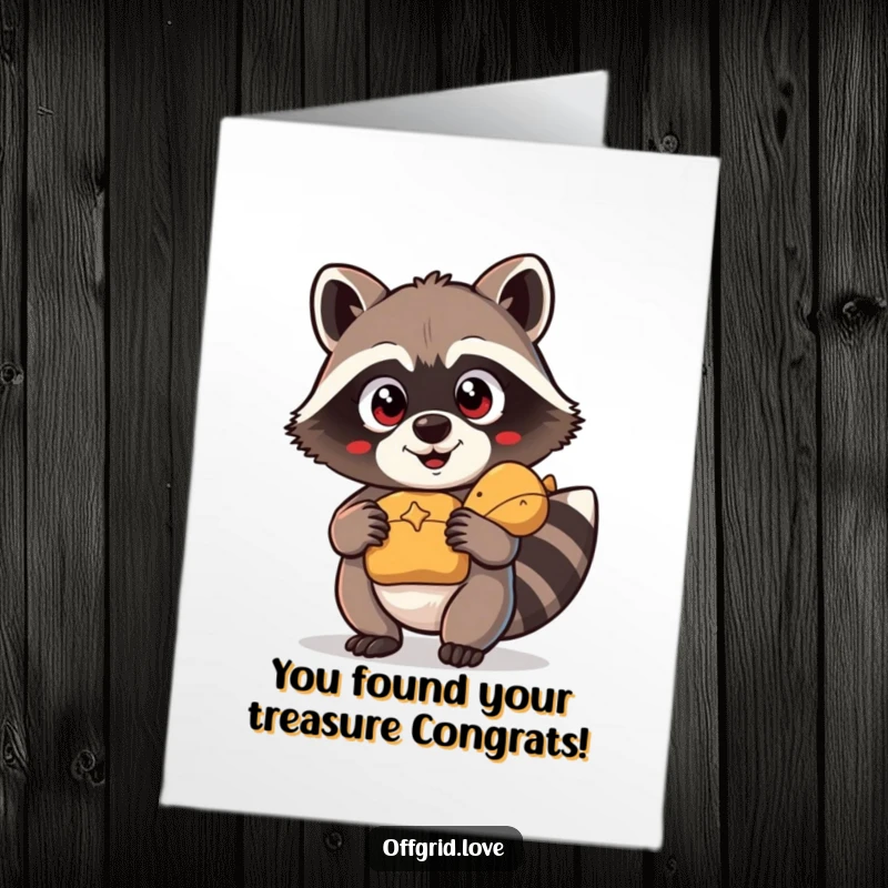 Funny Free Printable Congratulations Card: Excited raccoon holds a glittering prize, a perfect downloadable gift for celebrating success.