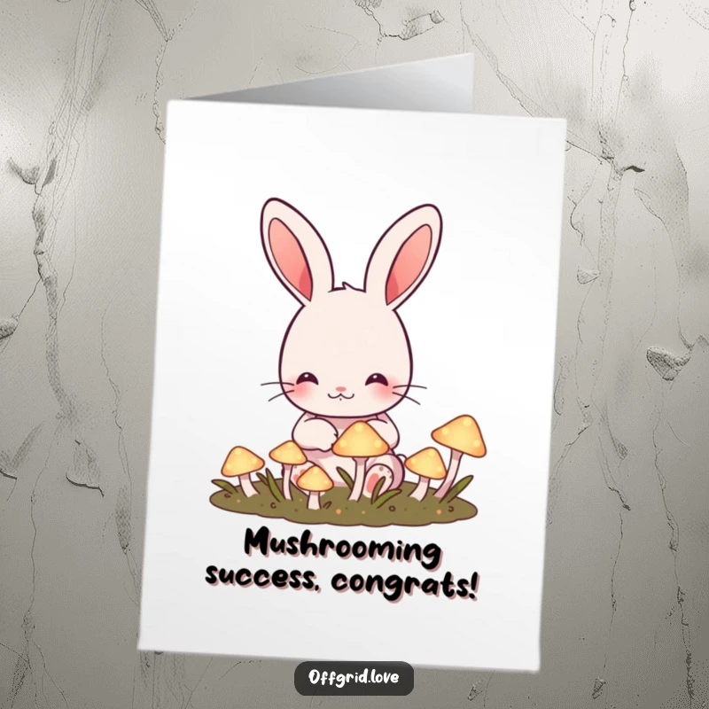 Funny Free Printable Congrats Card: Cute rabbit happily tending a garden of glowing mushrooms, celebrating success.