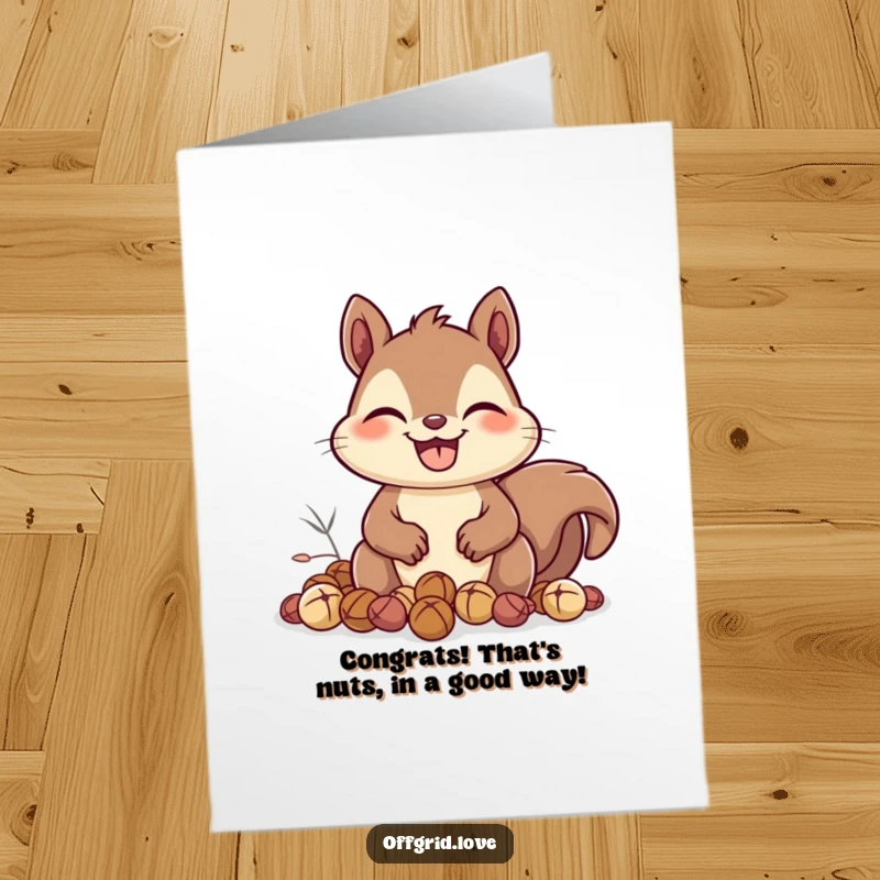 Funny Free Printable Congratulations Card showing a happy squirrel with a huge grin gathering nuts, celebrating a successful venture.